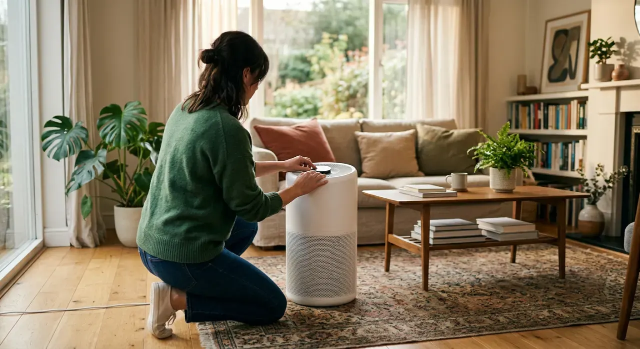 Wide view of a person adjusting a floor-standing air purifier in a quiet living room, in soft early-morning light