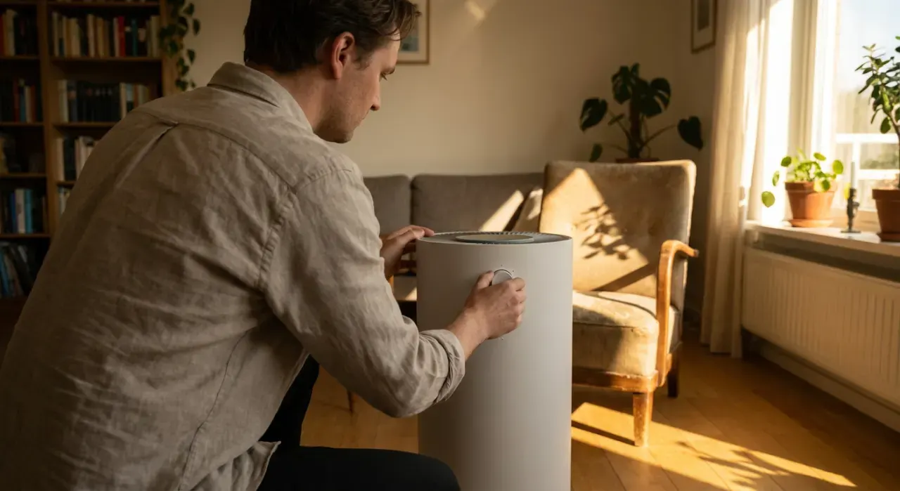 Golden-hour view of a person adjusting a floor-standing air purifier in a quiet living room