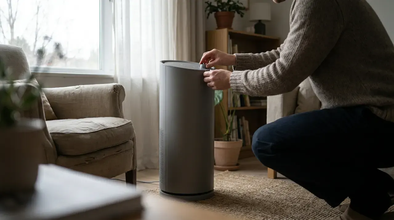Wide view of a person adjusting a floor-standing air purifier in a quiet living room, in soft overcast light