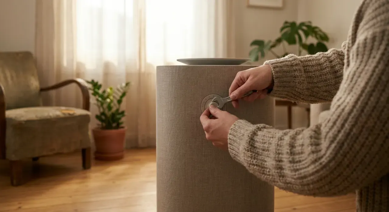 Over-the-shoulder view of a person adjusting a floor-standing air purifier in a quiet living room, in soft overcast light