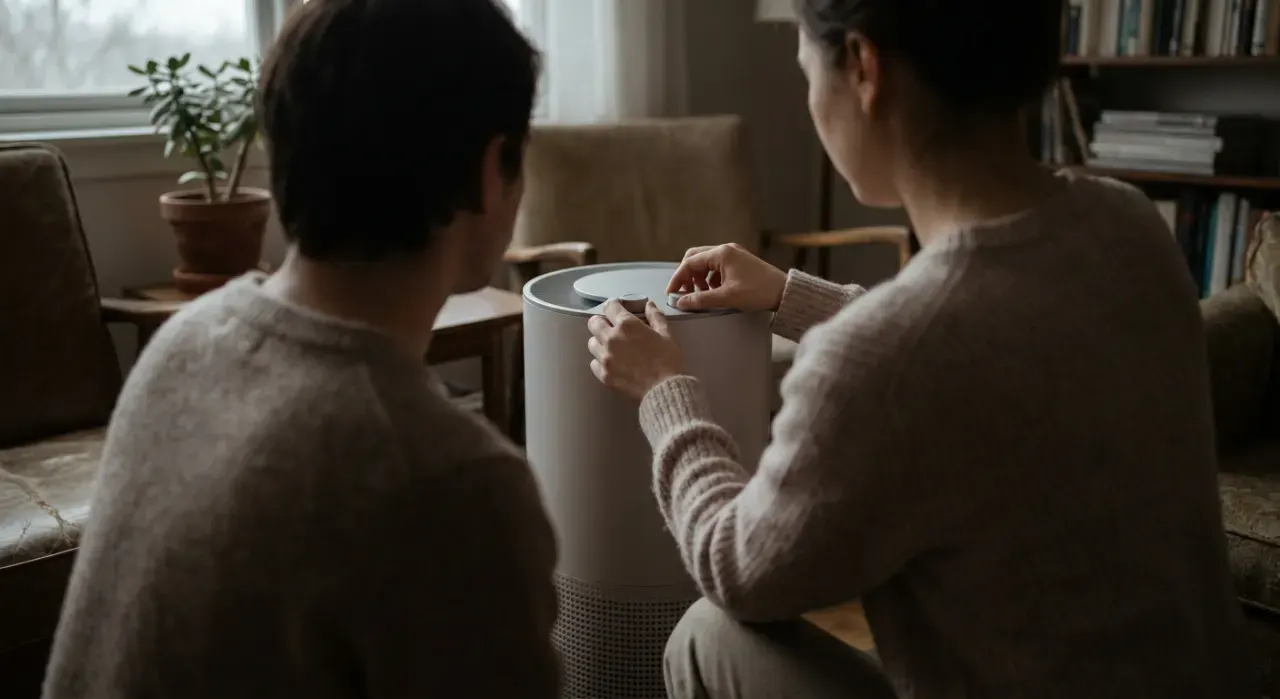 Three-quarter view of a person adjusting a floor-standing air purifier in a quiet living room, in soft overcast light