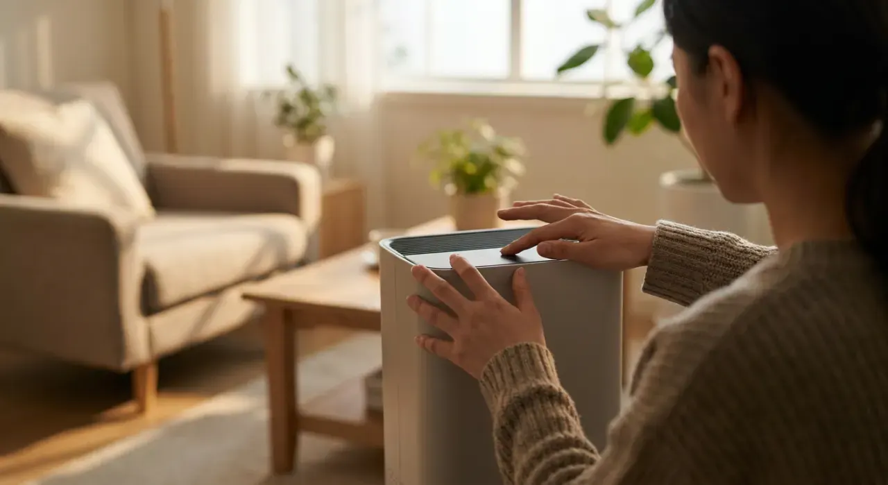 Over-the-shoulder view of a person adjusting a floor-standing air purifier in a quiet living room, in soft early-morning light