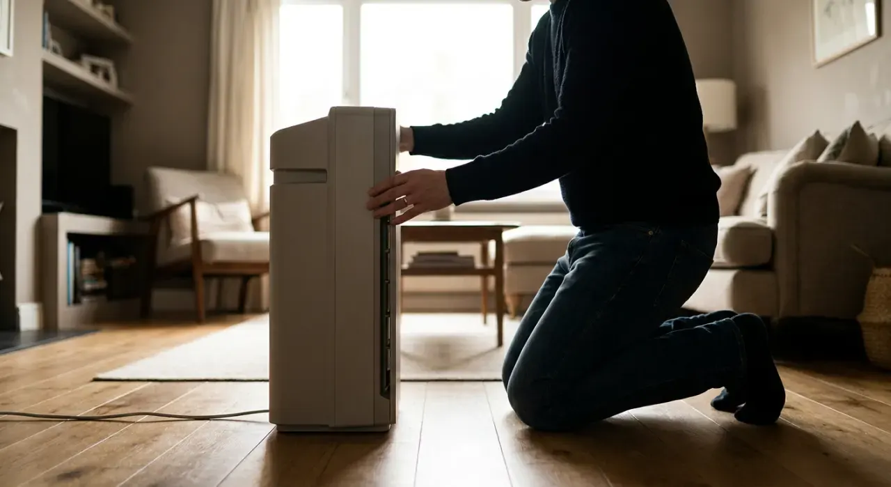 Low-angle view of a person adjusting a floor-standing air purifier in a quiet living room, in soft overcast light