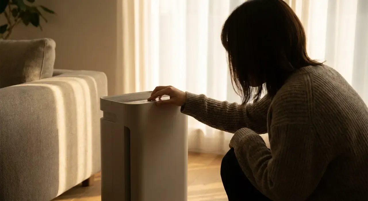 Golden-hour view of a person adjusting a floor-standing air purifier in a quiet living room