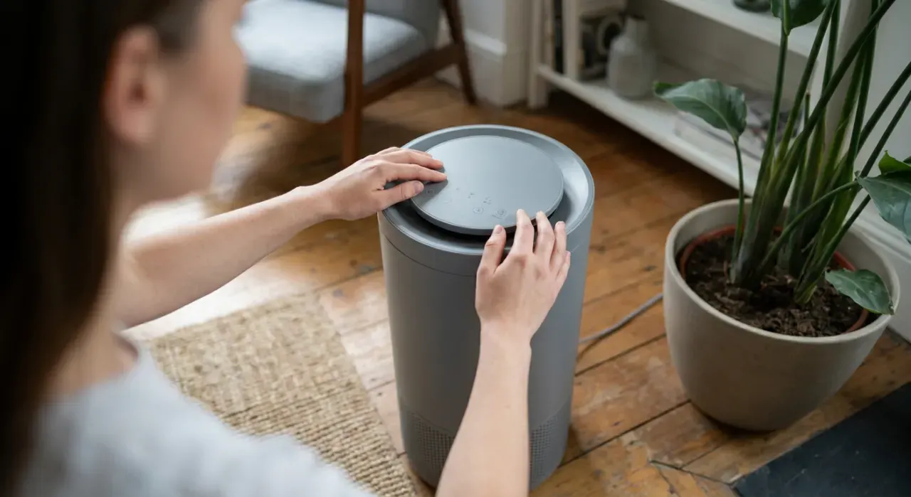 Overhead view of a person adjusting a floor-standing air purifier in a quiet living room, in soft overcast light