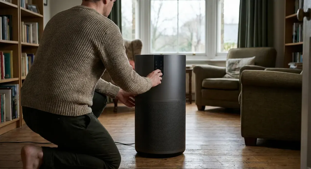 Wide environmental view of a person adjusting a floor-standing air purifier in a quiet living room, in soft overcast light