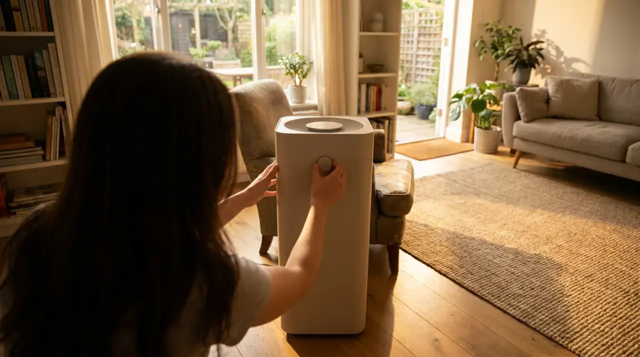 Wide view of a person adjusting a floor-standing air purifier in a quiet living room, in warm late-afternoon light