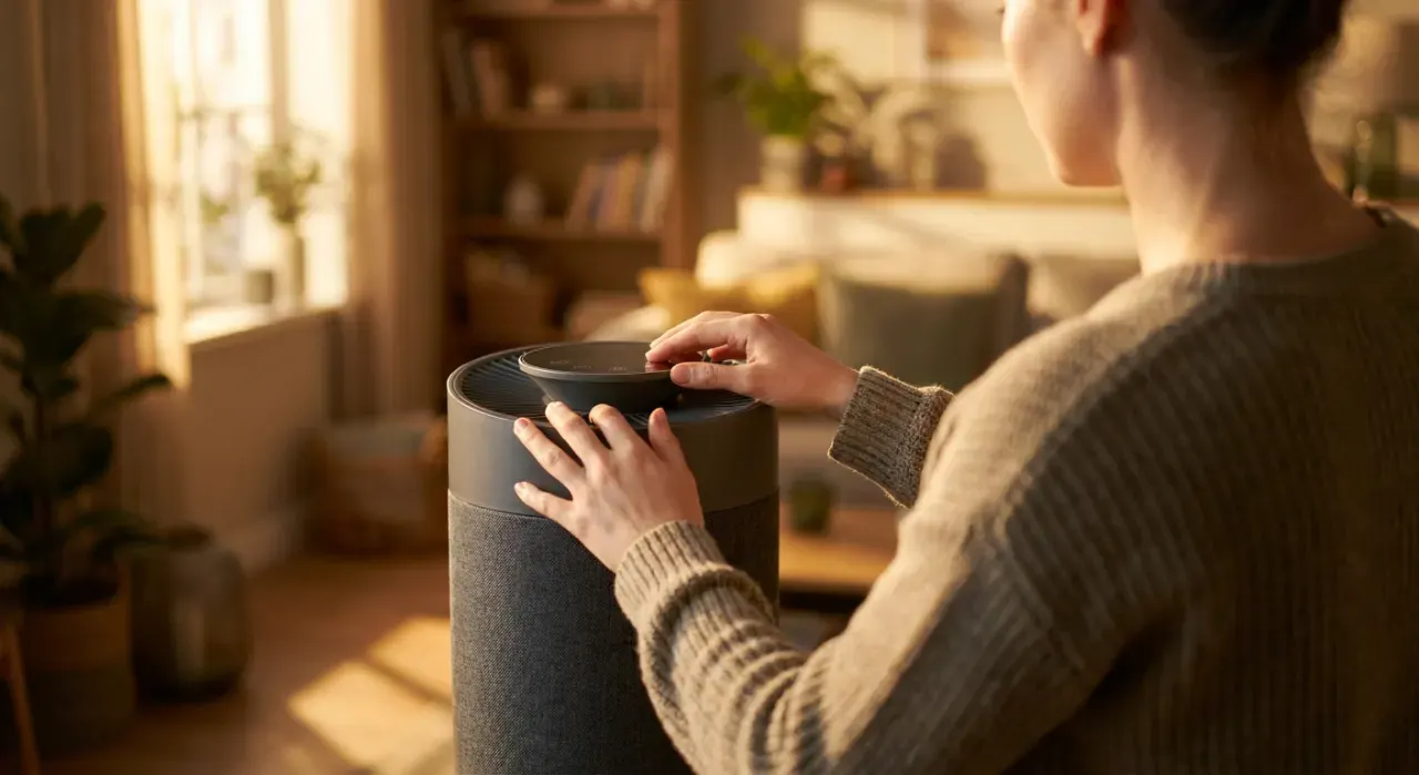 Over-the-shoulder view of a person adjusting a floor-standing air purifier in a quiet living room, in warm late-afternoon light