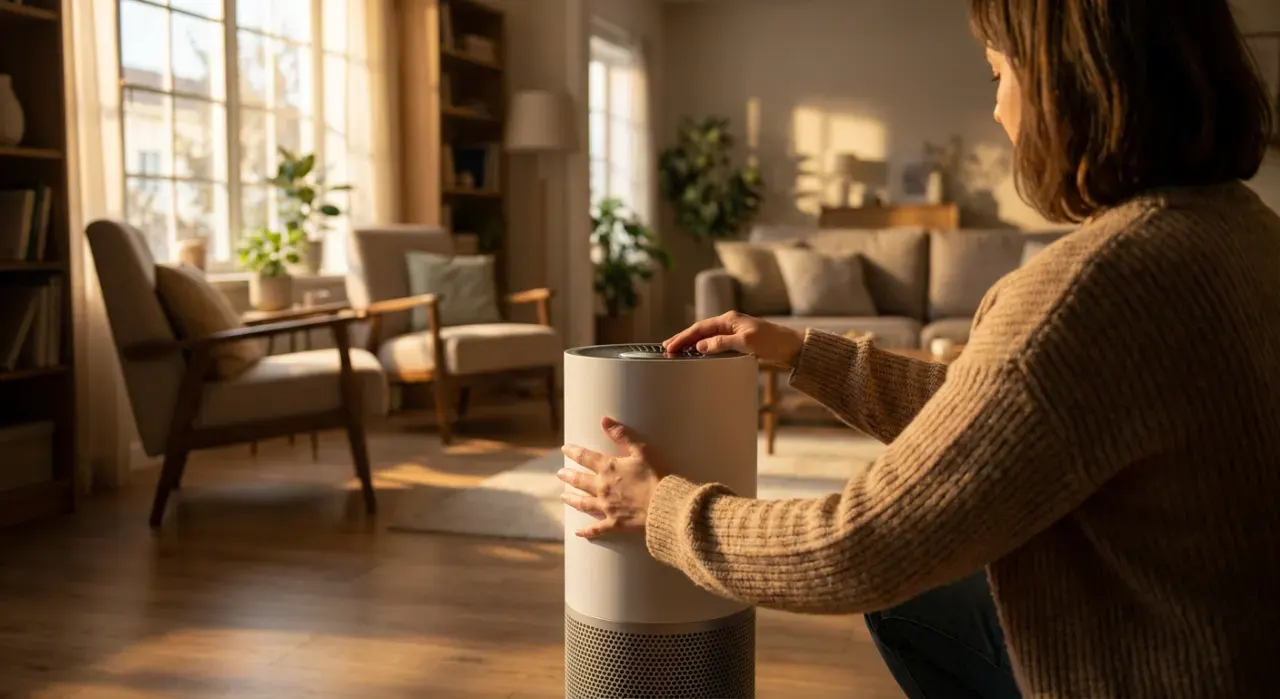 Three-quarter view of a person adjusting a floor-standing air purifier in a quiet living room, in warm late-afternoon light