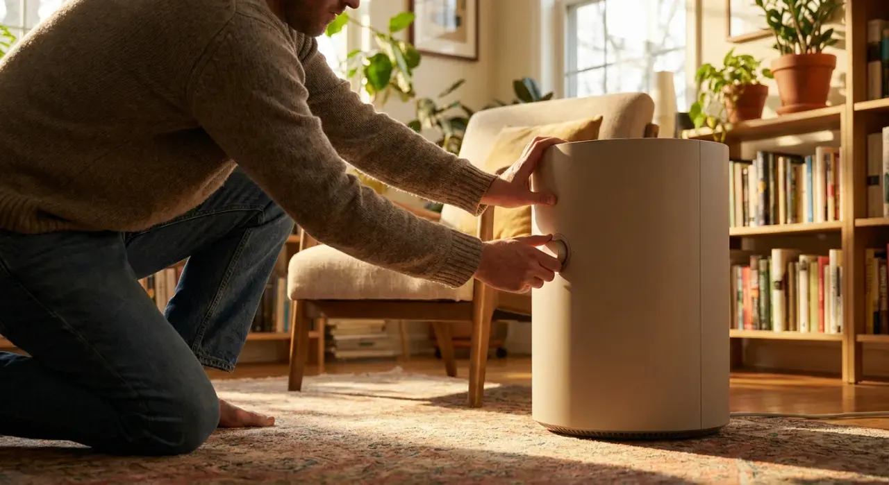 Low-angle view of a person adjusting a floor-standing air purifier in a quiet living room, in warm late-afternoon light