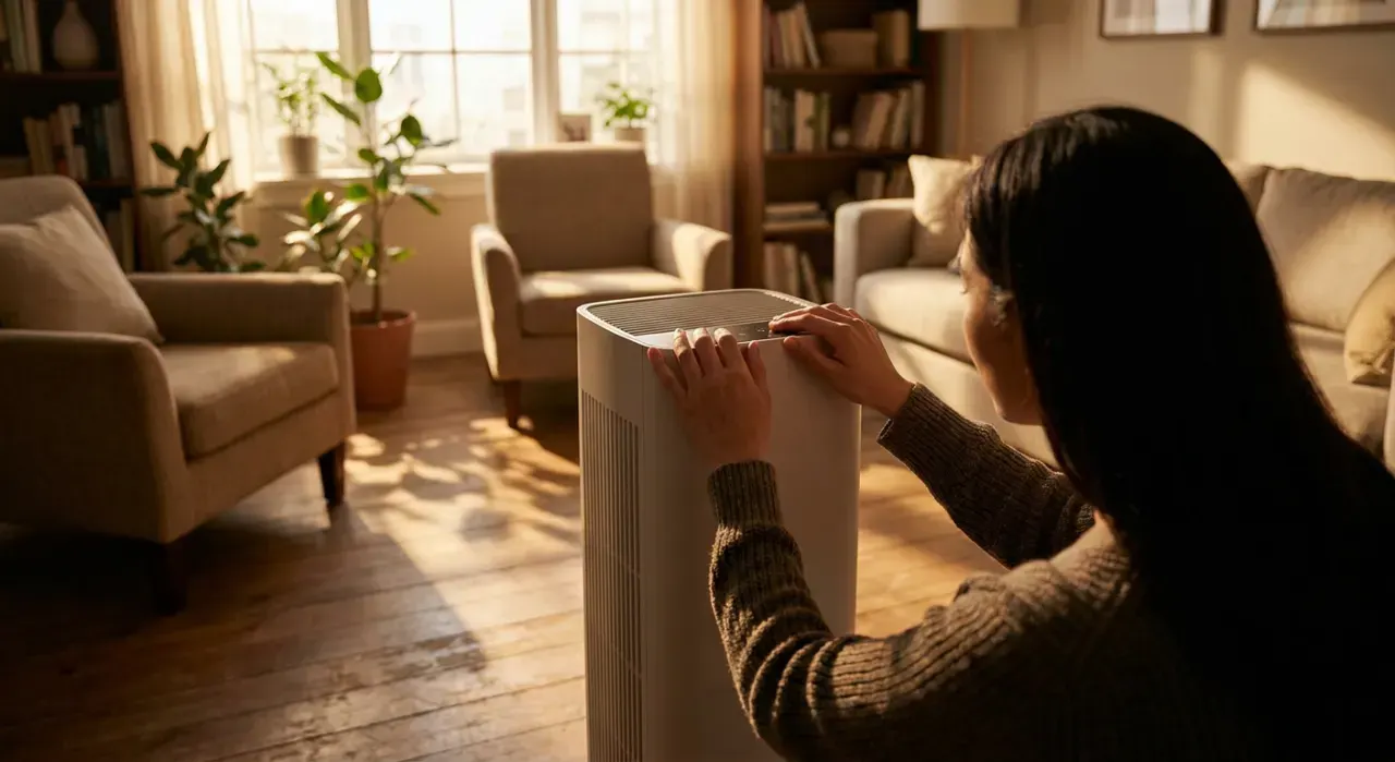 Golden-hour view of a person adjusting a floor-standing air purifier in a quiet living room