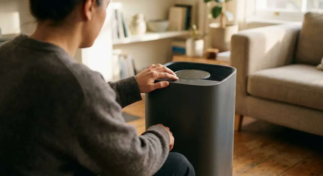 Three-quarter view of a person adjusting a floor-standing air purifier in a quiet living room, in soft early-morning light