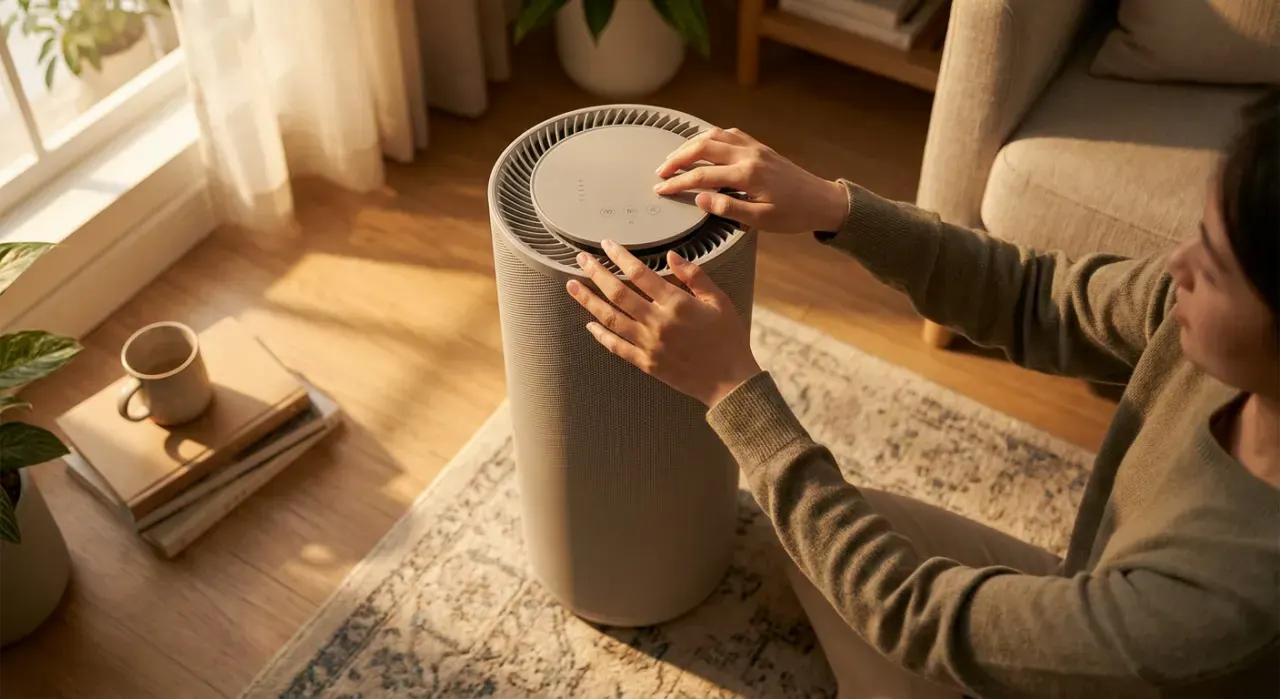 Overhead view of a person adjusting a floor-standing air purifier in a quiet living room, in warm late-afternoon light