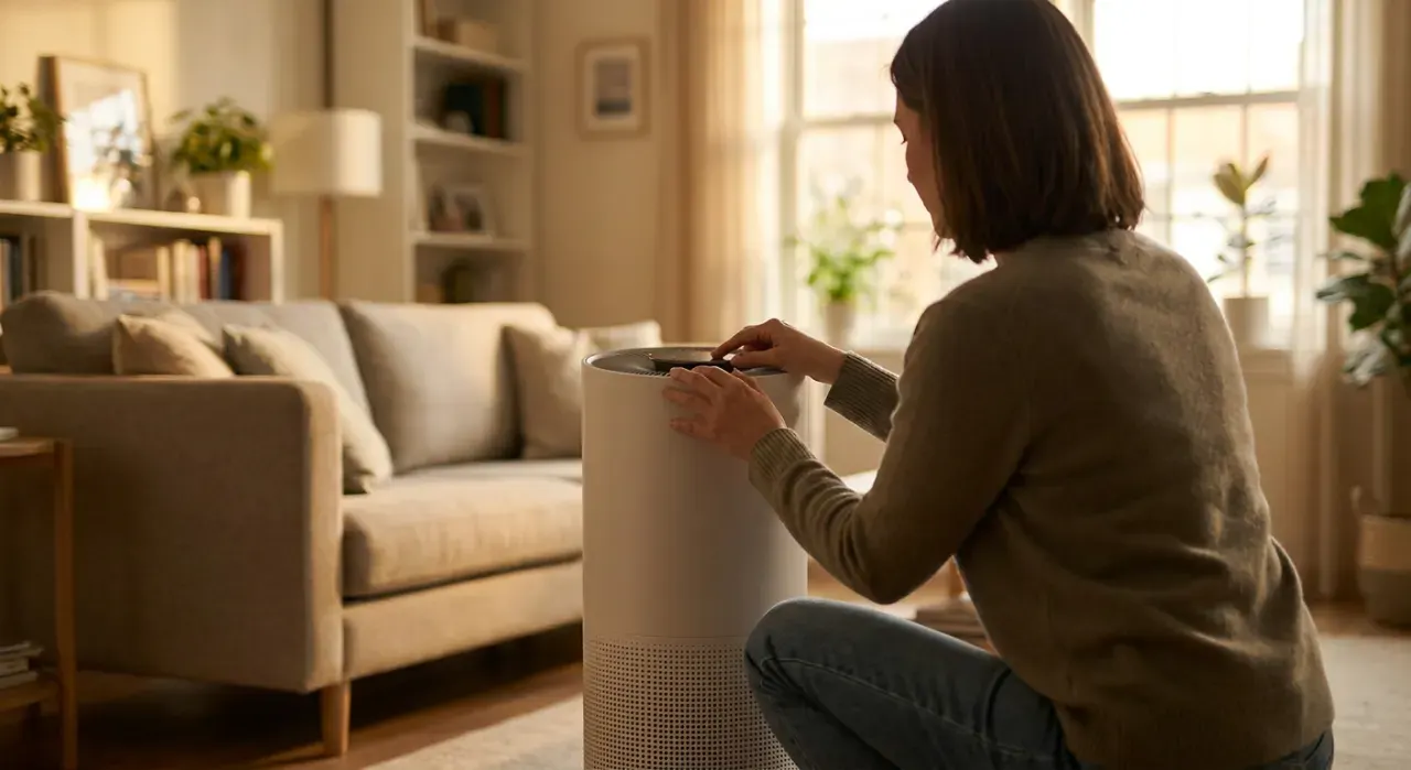 Wide environmental view of a person adjusting a floor-standing air purifier in a quiet living room, in warm late-afternoon light