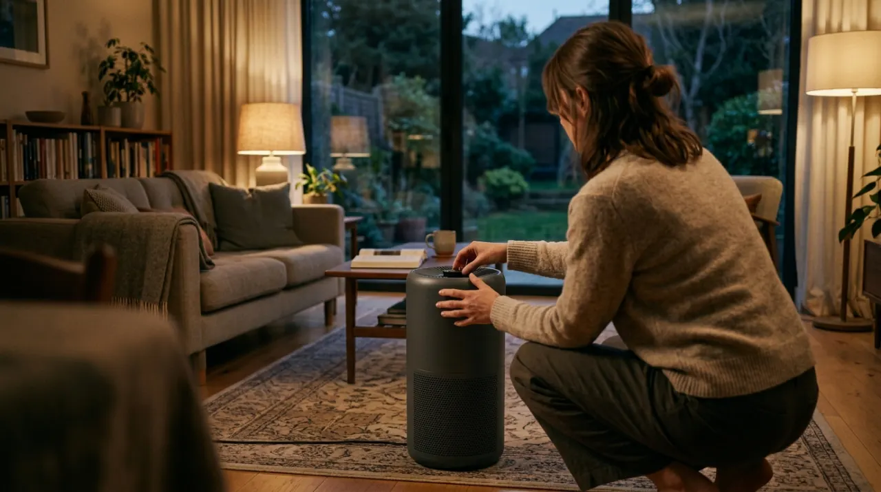 Wide view of a person adjusting a floor-standing air purifier in a quiet living room, in warm evening lamplight