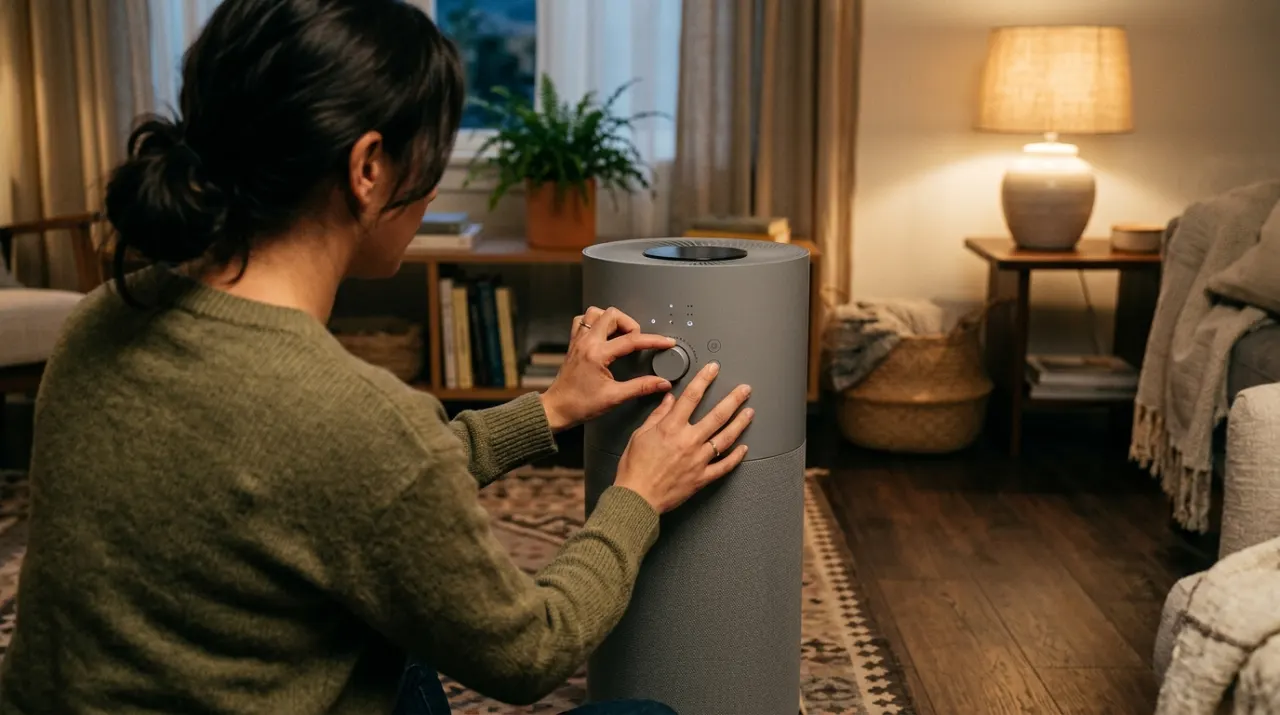 Over-the-shoulder view of a person adjusting a floor-standing air purifier in a quiet living room, in warm evening lamplight