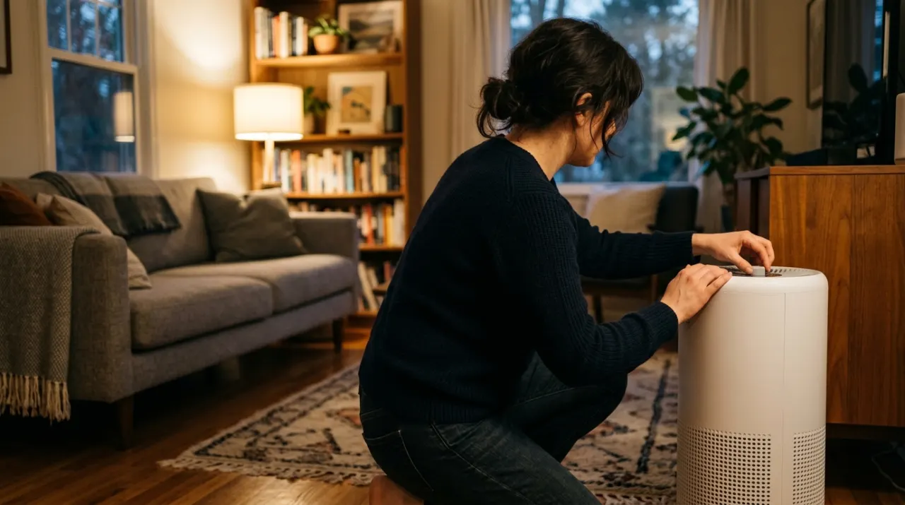 Three-quarter view of a person adjusting a floor-standing air purifier in a quiet living room, in warm evening lamplight