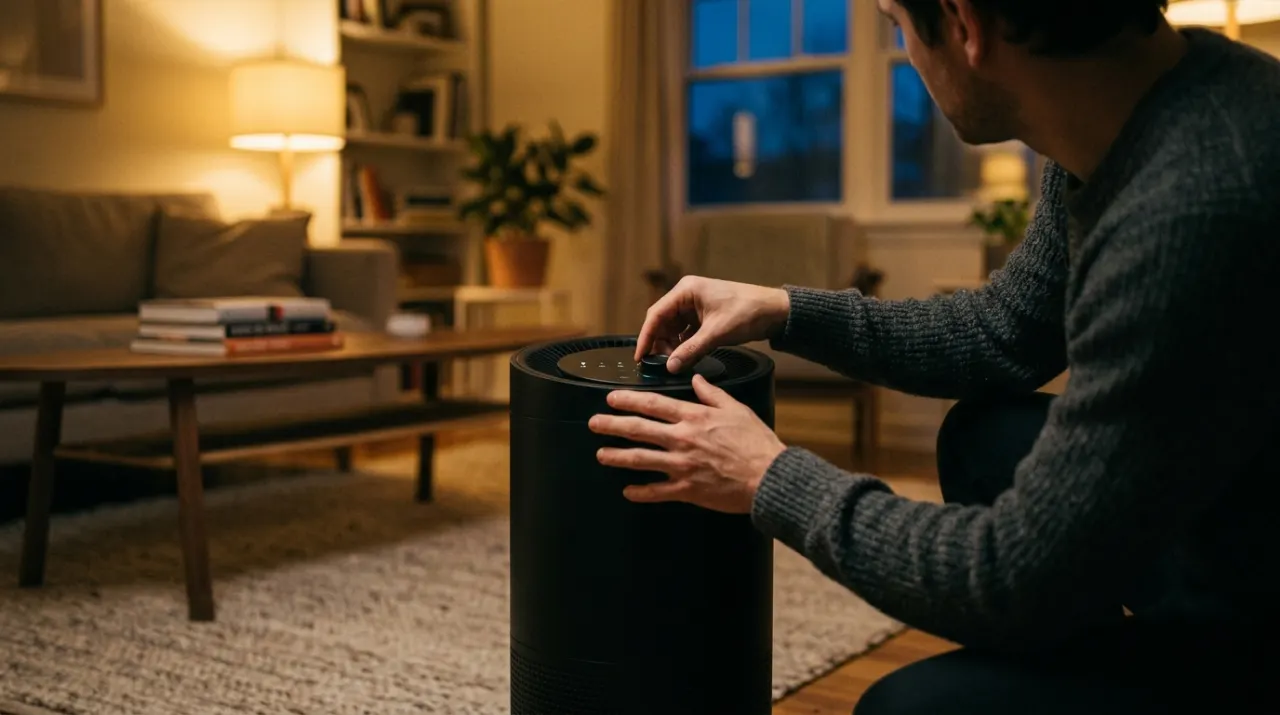 Low-angle view of a person adjusting a floor-standing air purifier in a quiet living room, in warm evening lamplight