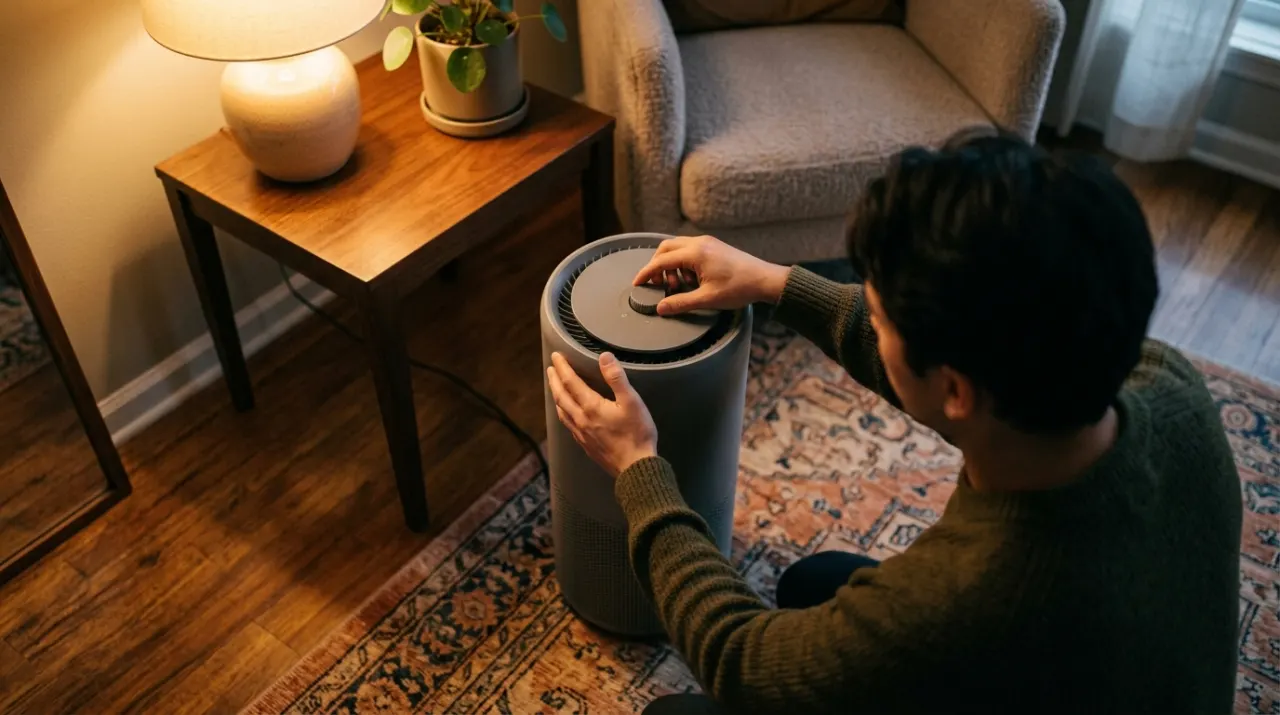 Overhead view of a person adjusting a floor-standing air purifier in a quiet living room, in warm evening lamplight