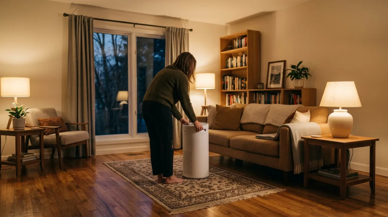 Wide environmental view of a person adjusting a floor-standing air purifier in a quiet living room, in warm evening lamplight