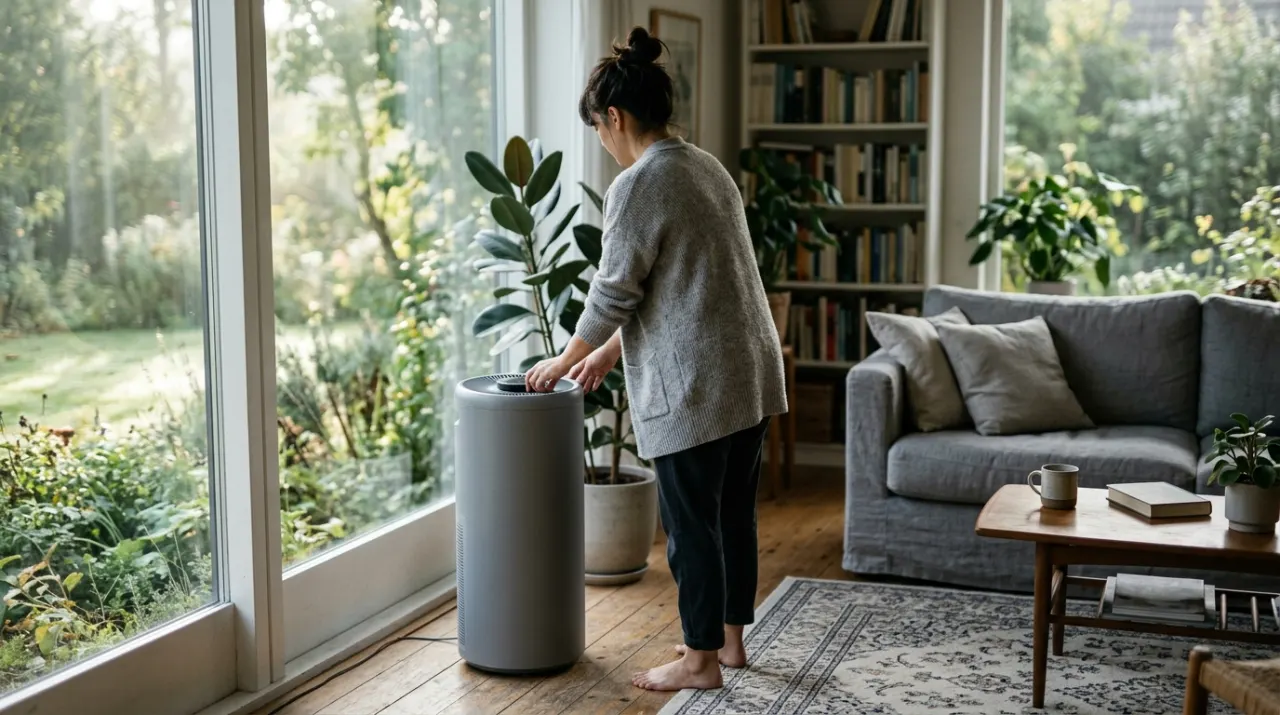 Wide view of a person adjusting a floor-standing air purifier in a quiet living room, in soft early-morning light