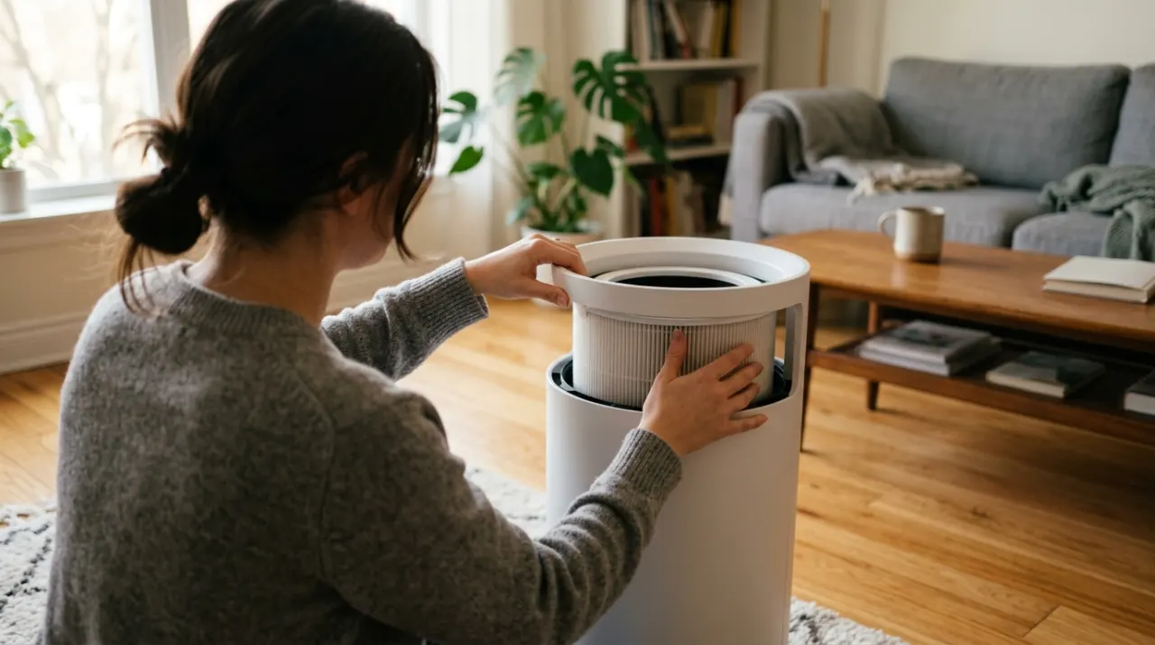Over-the-shoulder view of a person adjusting a floor-standing air purifier in a quiet living room, in soft early-morning light