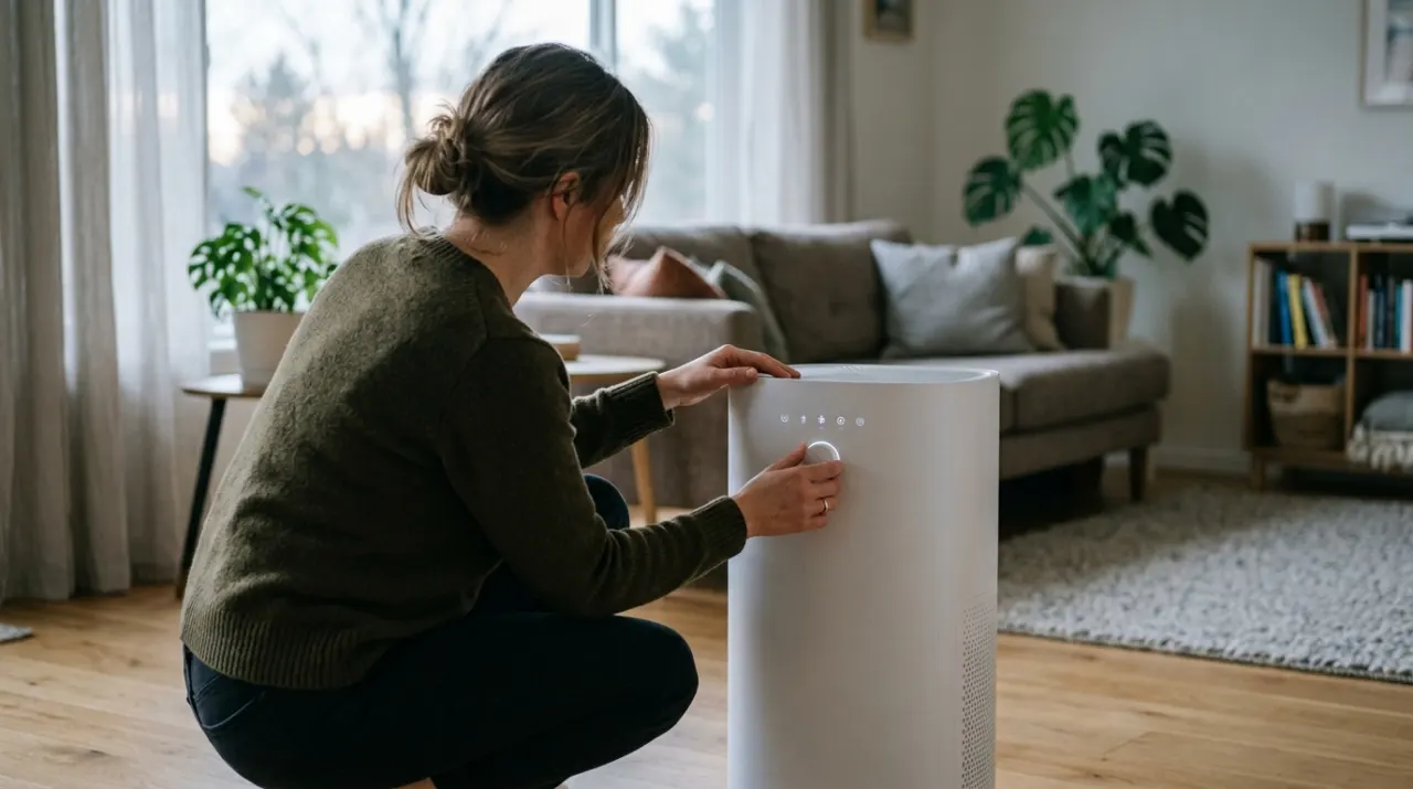 Three-quarter view of a person adjusting a floor-standing air purifier in a quiet living room, in soft early-morning light