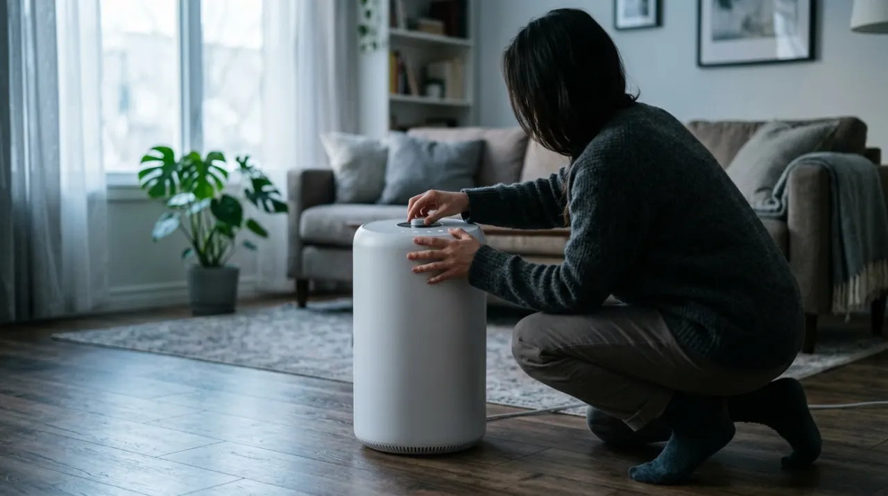 Low-angle view of a person adjusting a floor-standing air purifier in a quiet living room, in soft early-morning light