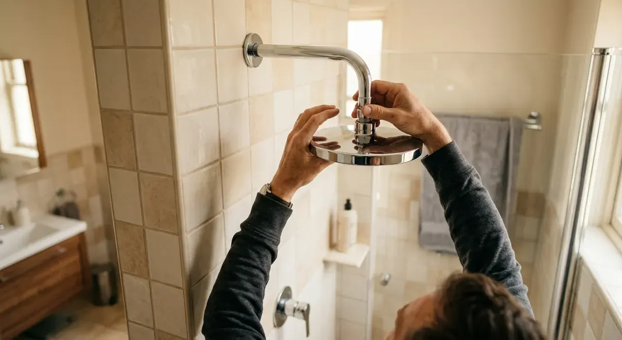 Wide view of a person's hands fitting a new shower head in a tiled bathroom, in soft early-morning light