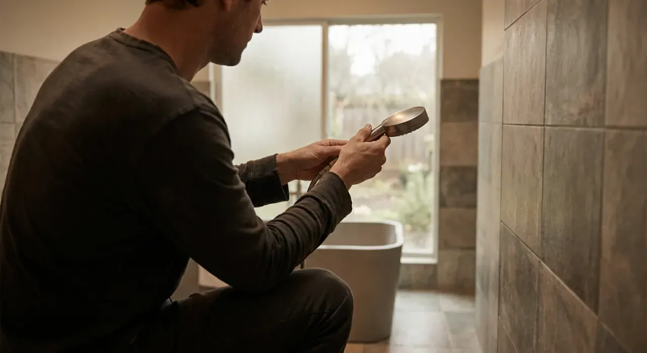 Wide view of a person's hands fitting a new shower head in a tiled bathroom, in soft overcast light