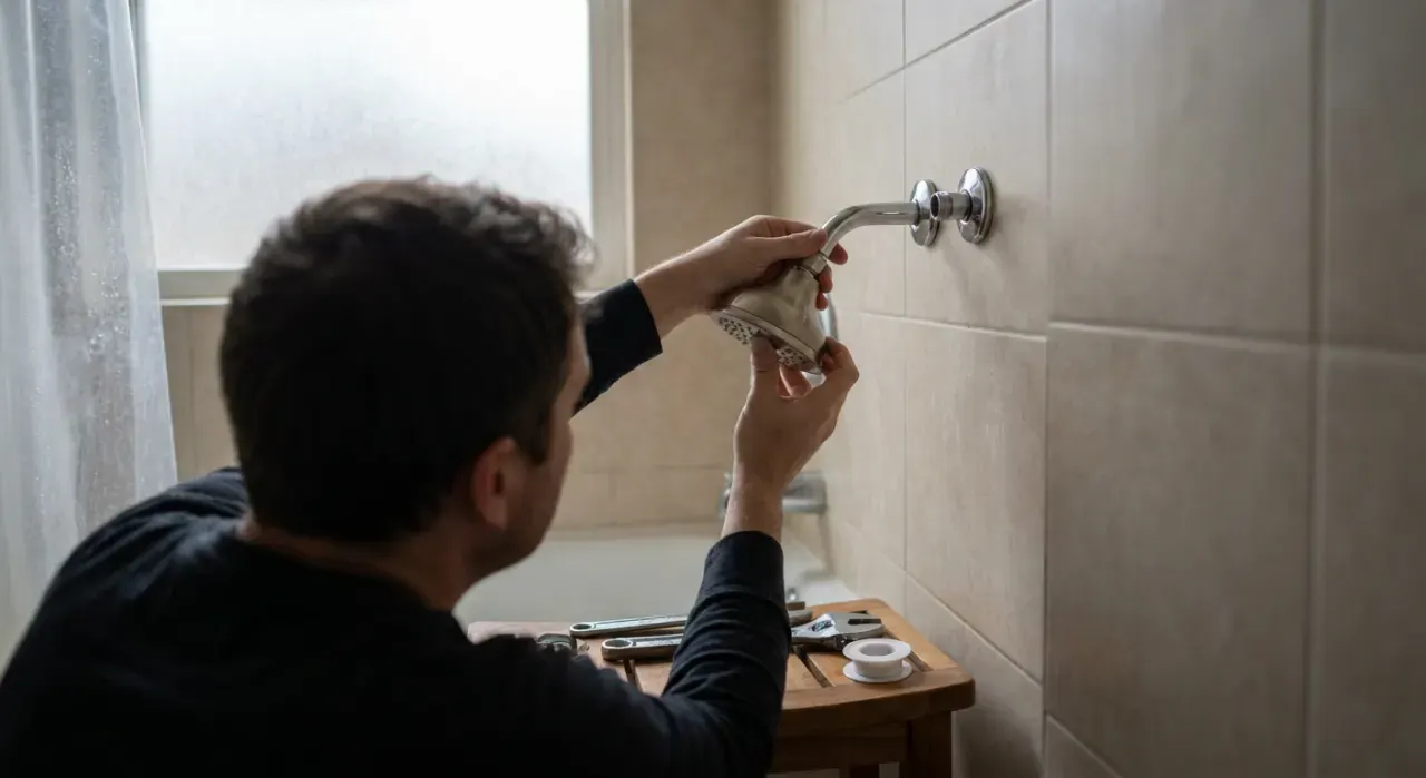 Over-the-shoulder view of a person's hands fitting a new shower head in a tiled bathroom, in soft overcast light