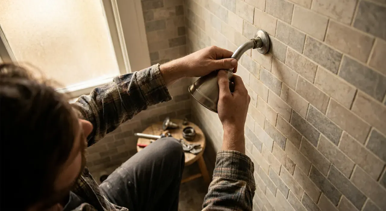 Three-quarter view of a person's hands fitting a new shower head in a tiled bathroom, in soft overcast light