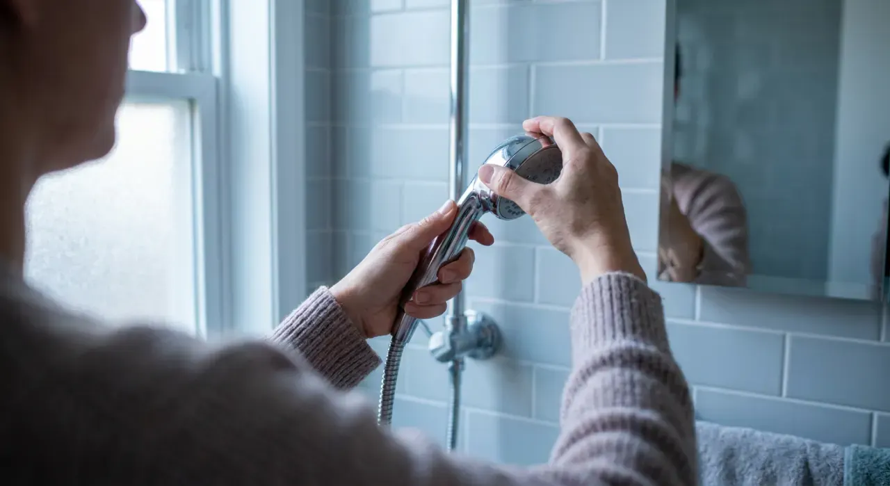 Over-the-shoulder view of a person's hands fitting a new shower head in a tiled bathroom, in soft early-morning light