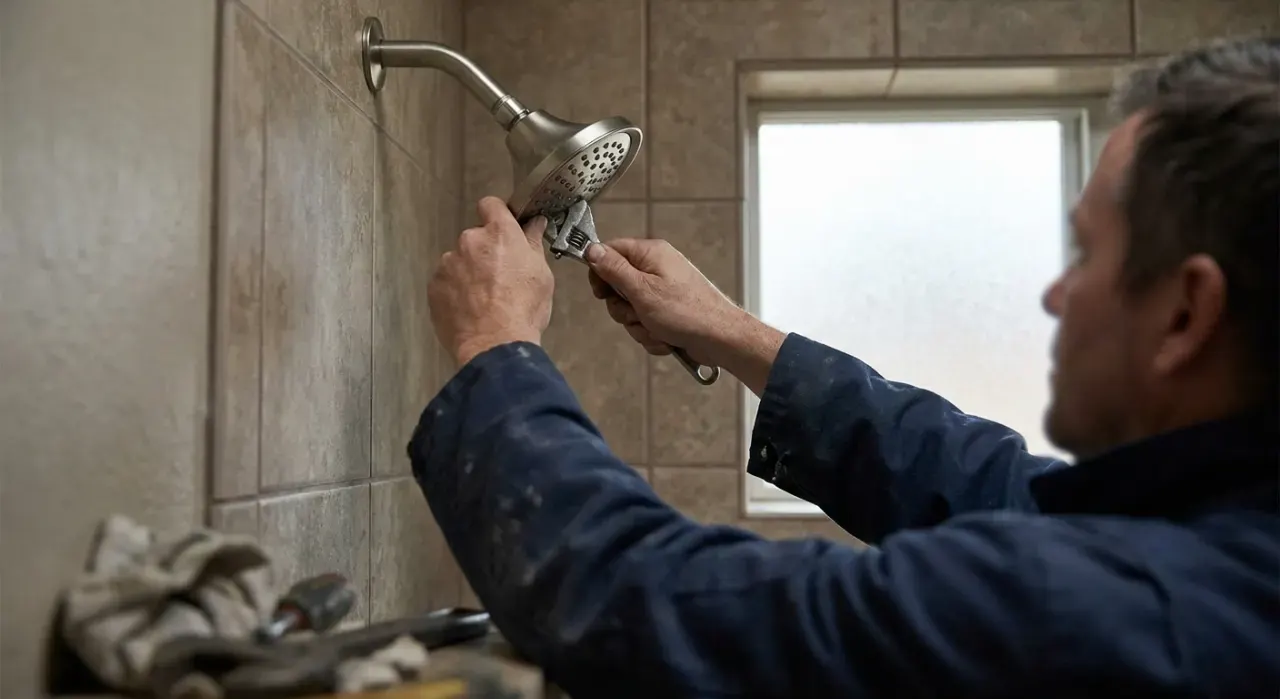 Low-angle view of a person's hands fitting a new shower head in a tiled bathroom, in soft overcast light
