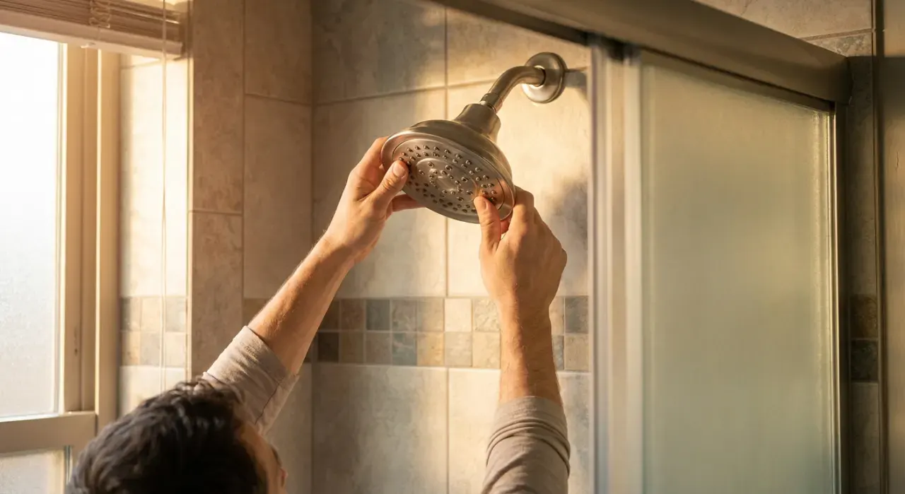 Golden-hour view of a person's hands fitting a new shower head in a tiled bathroom