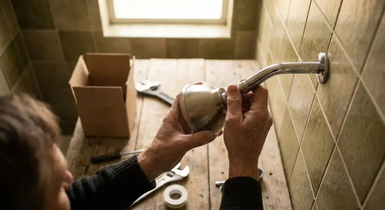 Overhead view of a person's hands fitting a new shower head in a tiled bathroom, in soft overcast light