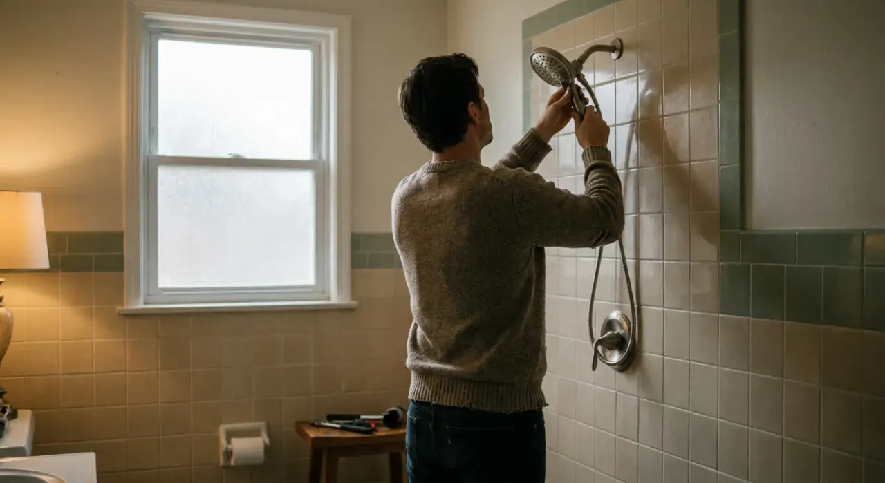Wide environmental view of a person's hands fitting a new shower head in a tiled bathroom, in soft overcast light