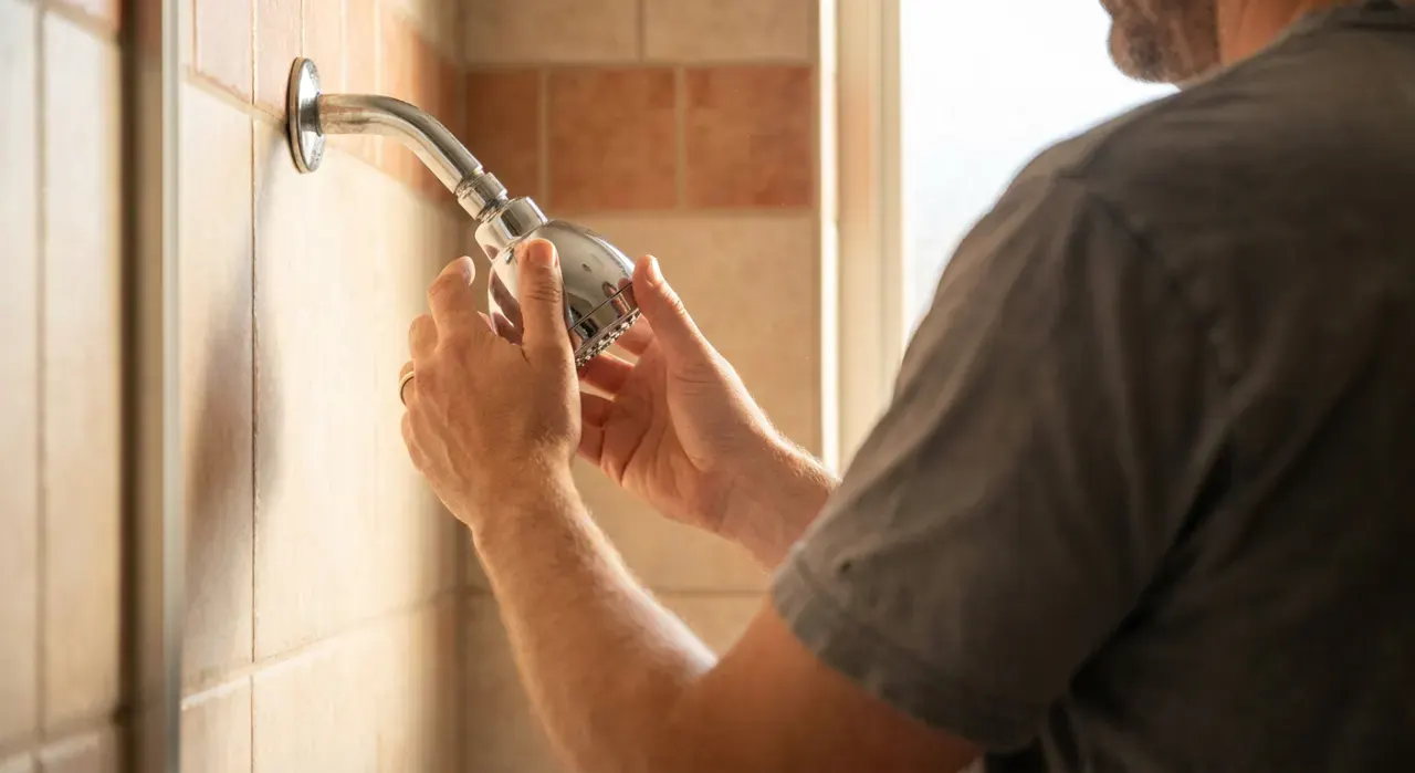 Over-the-shoulder view of a person's hands fitting a new shower head in a tiled bathroom, in warm late-afternoon light
