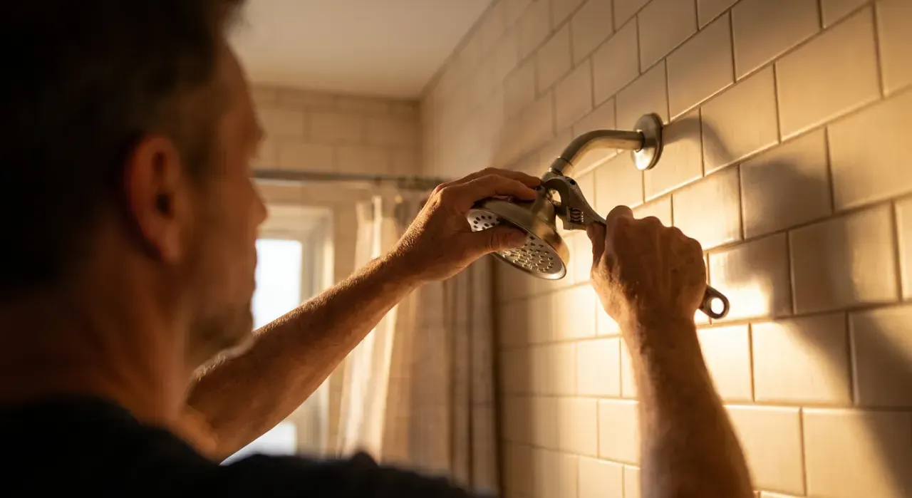 Three-quarter view of a person's hands fitting a new shower head in a tiled bathroom, in warm late-afternoon light