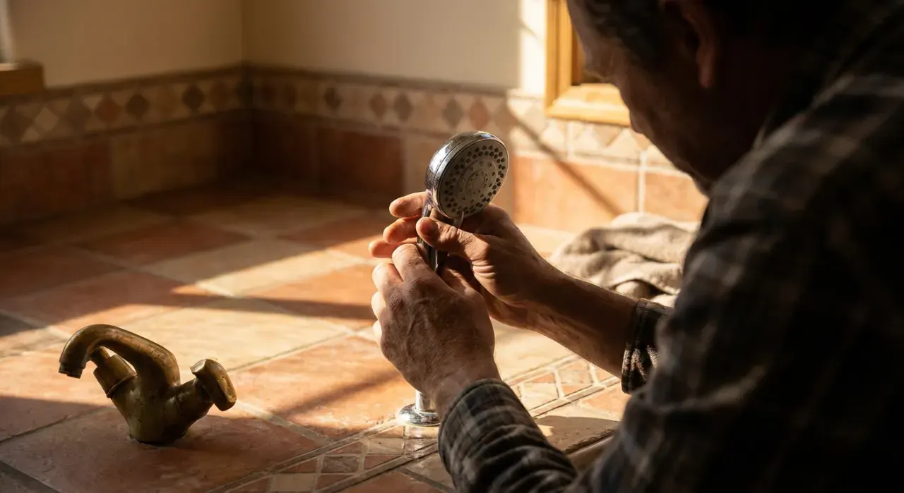 Low-angle view of a person's hands fitting a new shower head in a tiled bathroom, in warm late-afternoon light