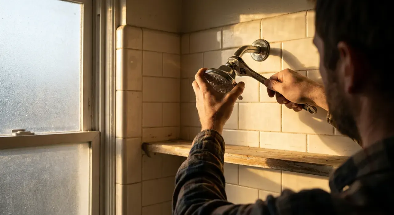 Golden-hour view of a person's hands fitting a new shower head in a tiled bathroom