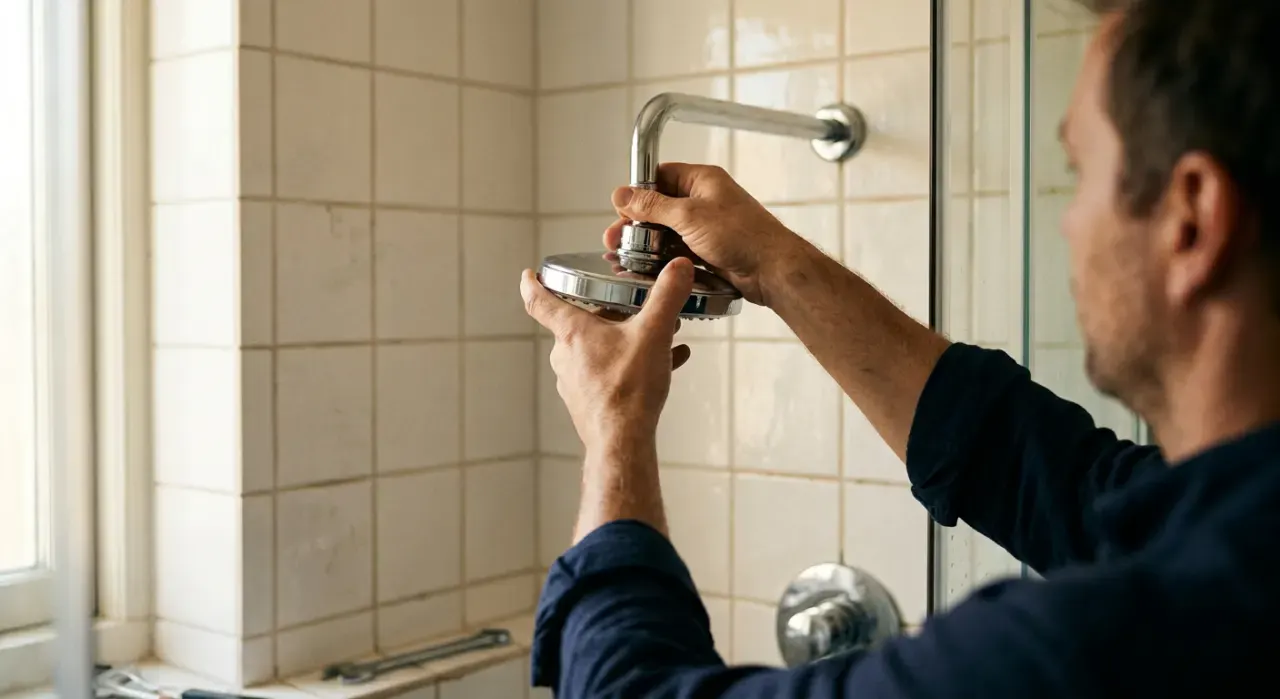 Three-quarter view of a person's hands fitting a new shower head in a tiled bathroom, in soft early-morning light