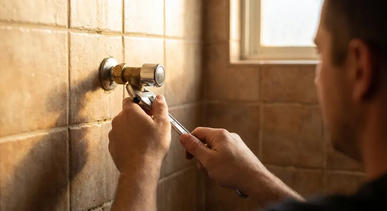 Close-up detail of the material being worked in a bathroom project, in warm late-afternoon light