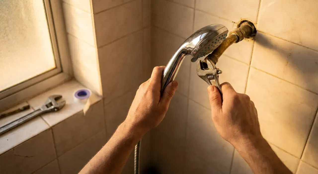 Overhead view of a person's hands fitting a new shower head in a tiled bathroom, in warm late-afternoon light