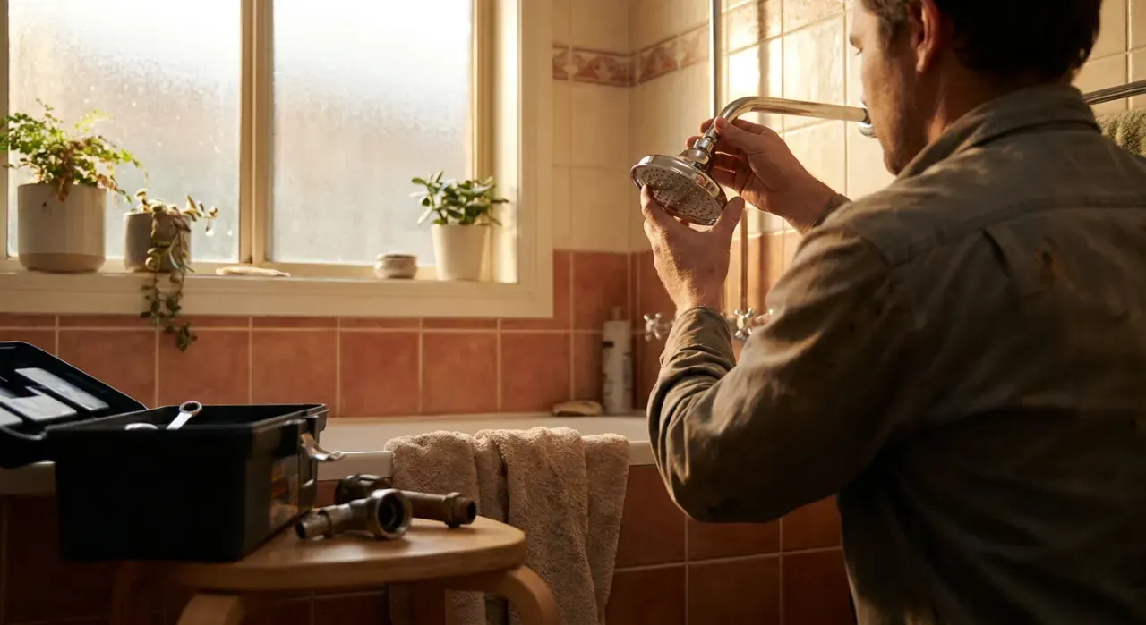 Wide environmental view of a person's hands fitting a new shower head in a tiled bathroom, in warm late-afternoon light