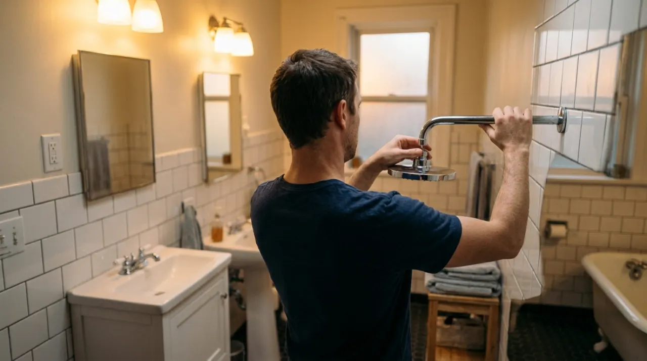 Wide view of a person's hands fitting a new shower head in a tiled bathroom, in warm evening lamplight