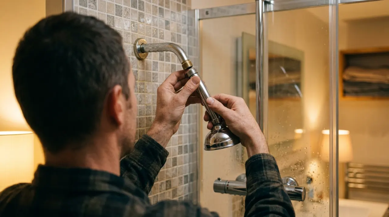 Over-the-shoulder view of a person's hands fitting a new shower head in a tiled bathroom, in warm evening lamplight