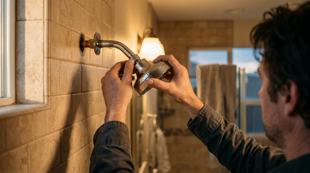 Golden-hour view of a person's hands fitting a new shower head in a tiled bathroom