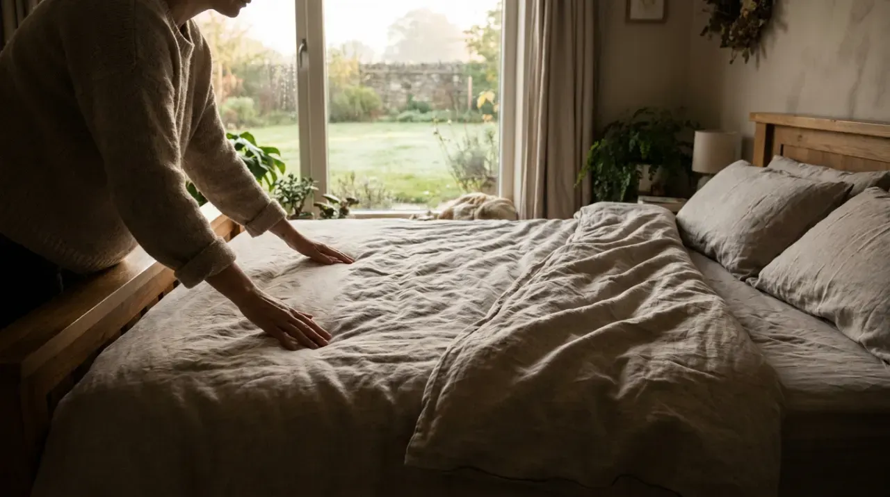 Wide view of a person smoothing a duvet across a made bed, in soft early-morning light
