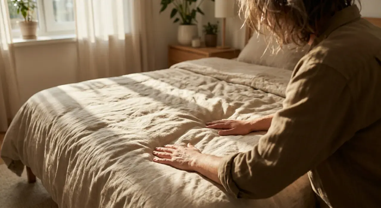 Over-the-shoulder view of a person smoothing a duvet across a made bed, in bright midday sun